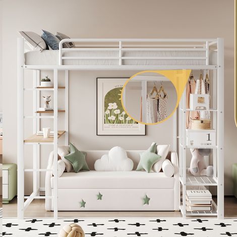 Letto a soppalco con scaletta 140x200 cm, con appendiabiti singoli e vani portaoggetti - Bianco (1/5)