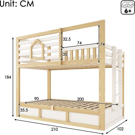 Lit superposé enfant 90x200 cm (2 couchages), style cabane, blanc/bois naturel avec fenêtre, barrière de sécurité, échelle droite, espace de rangement hydraulique pour 2 enfants, EN747 (sans matelas) (1/5)