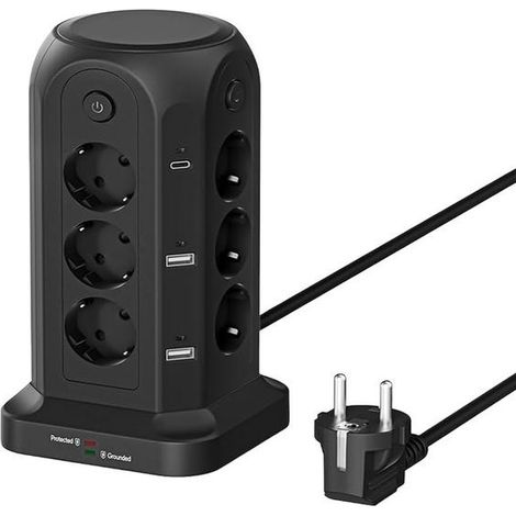 Multiprise avec Interrupteur, 12 Prises Électriques, 4 USB A & 2 USB C, Parafoudre 1500J, Tour avec Câble 2M pour Maison et Bureau, Noir