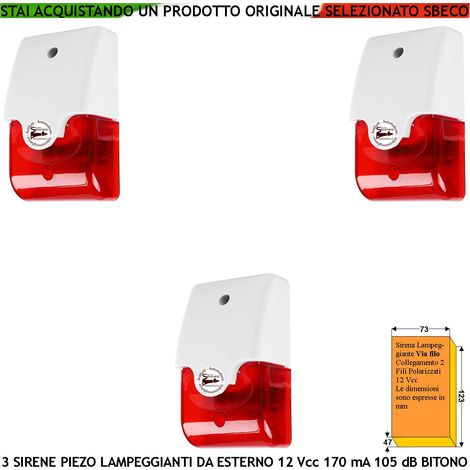 Sirena Allarme Lampeggiante 3 Pezzi con Diffusore Piezoelettrico Melodia Bitono da 1500/4000 Hz 105 dB Alimentazione 12 Vcc Assorbimento 170 mA 2 Fili Polarizzati Contenitore ABS Interno Esterno IP44 (1/3)