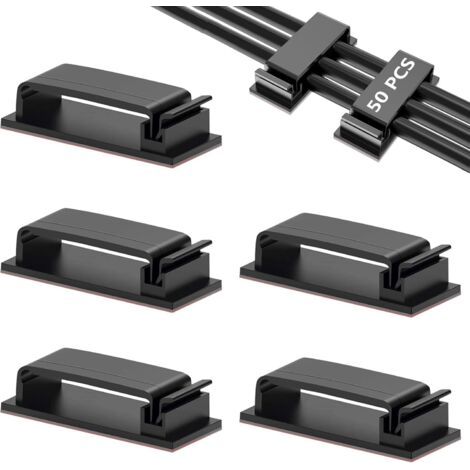 Sollbry 50 Pcs Câble Management, Gestion Clips Câble Adhésifs, Supports de Clips Rangement Câble pour Bureau, Maison, Voiture, TV, PC (Noir) (1/5)