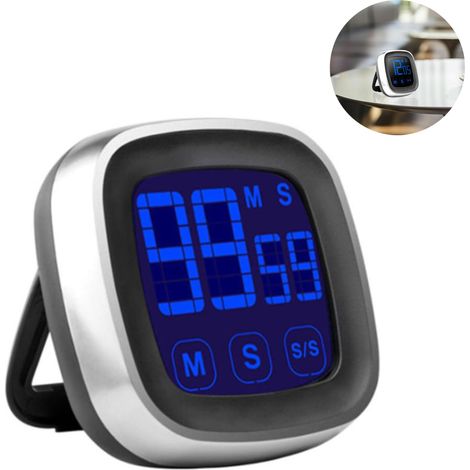 Minuteur de cuisine numérique tactile (minuteur et chronomètre, magnétique, jusqu'à 99 min 59 s, signal sonore puissant). Minuteur design pour usage ponctuel, minuteur électronique à œufs argent/noir. (1/5)