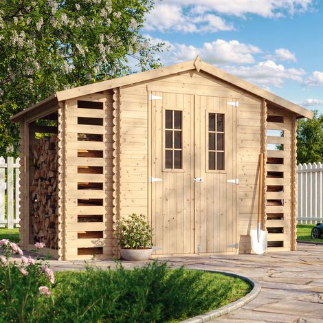 Wooden Garden Shed and Log shed, 19 mm planks -Outdoor garden shed with impregnated floor- Wooden Shed - H218 x 328 x 206 cm / 5.47 m2 , Bike storage, Waterproof roof - TIMBELA M391C+M391G (1/5)