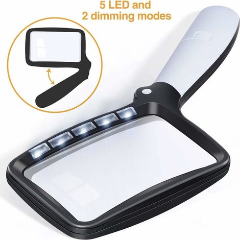Folding Reading Magnifier Large 5 LED Magnifying Glass with Light 2X Pocket Magnifier 2 Modes Dimmable Magnifying Glass for Seniors Reading Inspection Hobby Craft Watchmaker Coins Stamps Antiques Jewe (1/4)