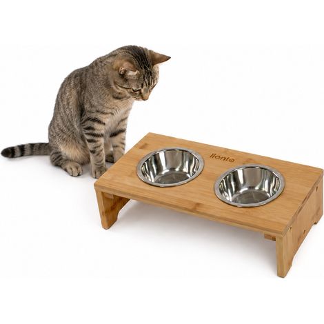 lionto Katzennapfständer, erhöhte Futterstation aus Bambus mit 2 Edelstahlnäpfen, ergonomisch & rutschfest, 40x20x10 cm (1/4)