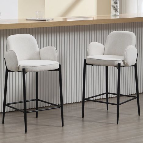 Wahson Set di 2 Sedie Cucina in Tessuto Ciniglia, Sgabelli Cucina Moderni con Braccioli Struttura in Metallo per Ristorante/Cucina Penisola, Bianco
