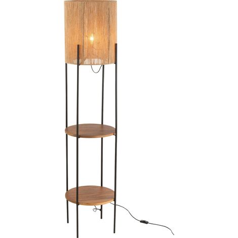 Lampe sur pied bois et métal noir design avec étagères intégrées - Noir et bois naturel (1/5)