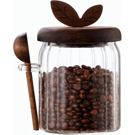 Boîte à café hermétique récipient de rangement en bois d'acacia pour café moulu avec couvercle et cuillère doseuse en bois bocal pour grains d'espresso, thé et sucre capacité de 500 ml. (1/5)