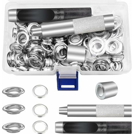 SHINING HOUSE Ösenwerkzeug-Set 12mm Metallösen 100er Set Ösen-Set für Reparatur von Segeltuch, Planen und Zelten Silber (1/2 Zoll) (1/5)