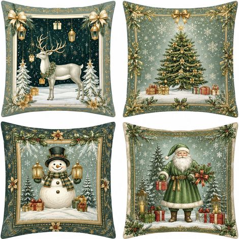 Lot de 4 housses coussin Noël décoratives, 50x50 cm, taies canapé avec motifs sapin et bonhomme de neige pour salon (1/5)