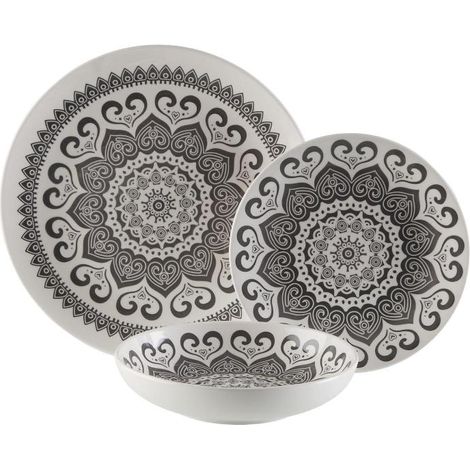 VERSA vajilla porcelana 18 piezas huhana , Vajilla Huhana de 18 piezas, un servicio de mesa elegante y funcional que combina diseño étnico en blanco y negro con la practicidad nece