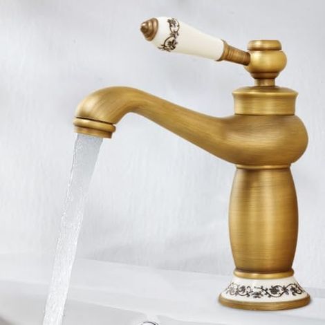 Robinet salle bain rétro laiton – Mitigeur lavabo levier unique col floral vintage – Eau chaude froide pour toilette et cuisine（Doré brossé）