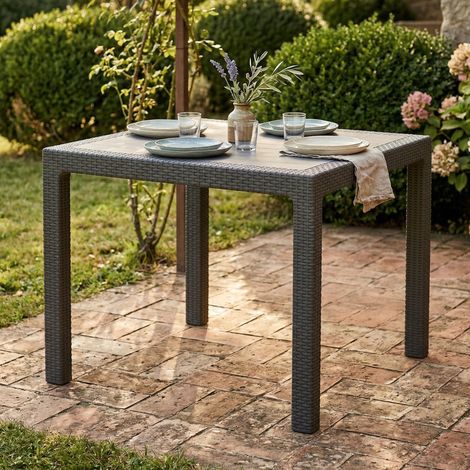 Dmora - Mesa de jardín Terrace, Base de picnic, Mesa de comedor de jardín, Banco multiusos para exterior, 95x95 h75 cm, Antracita (1/4)
