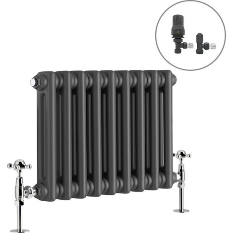 Traditional Radiator Anthracite Cast Iron Style Rads with Angled Thermostatic Valves Horizontal 2 Column 300x425mm (1/4)