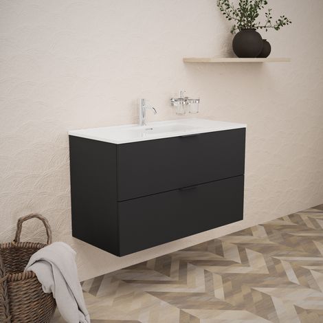 Inda - Mobile bagno 100 cm Nero opaco con 2 cassetti e lavabo in (1/5)