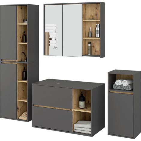 Set di mobili da bagno sospesi VAMI in Grigio Grafite con interno Rovere Artisan con fori per lavabo da appoggio (1/5)