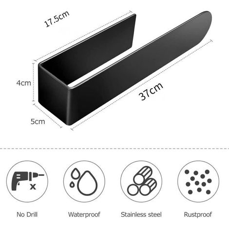 Porte-serviette adhésif noir 37 cm – Acier inoxydable SUS 304 – Installation facile sur surfaces lisses – Design en L pour espaces restreints – Grid Cool