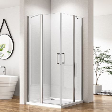 Duschkabine Pendeltür 90x90 cm Eckeinstieg Duschabtrennung Schwingtür mit Fester Segment Eckdusche Doppelter Pendeltür Dusche, 6mm Nano Glas Duschwand Höhe 185cm