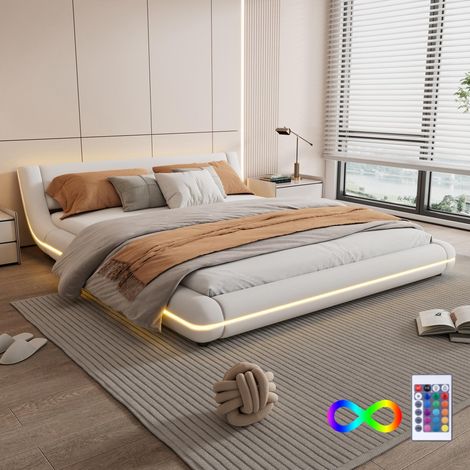 Letto Matrimoniale Imbottito 160x200 cm con Illuminazione LED, Rete a Doghe in Legno e Struttura in Metallo, Letto Moderno in Ecopelle – Bianco