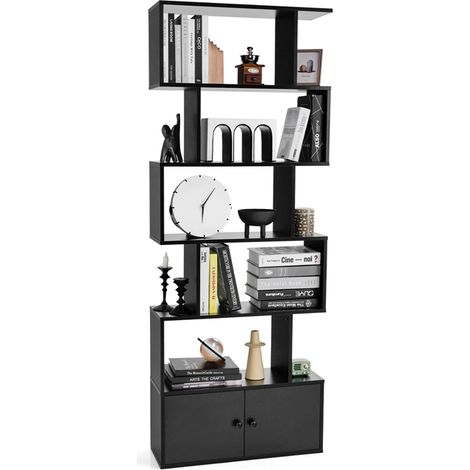 Libreria a forma di S a 5 livelli con ante, Scaffali decorativi in legno per il soggiorno l'ufficio Nero (1/3)