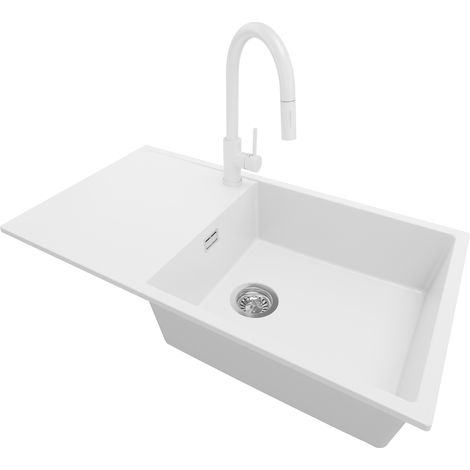 PRIMAGRAN Evier Cuisine en Granit 90x50cm, Lavabo 1 bac + Robinet 40x20cm + Kit de Vidage, Évier à Encastrer au meuble 60cm - Ibiza, Blanc