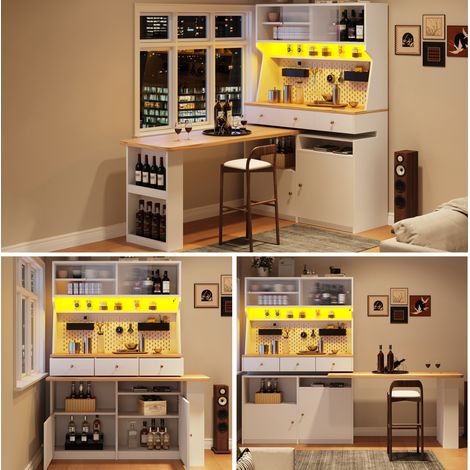 Mueble de cocina alto 137 x 45 x 178 cm, blanco, con LED y bandeja abatible HAVRYA (1/5)