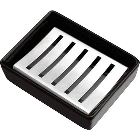 Portasapone in Ceramica con Supporto in Acciaio Inossidabile, Portasapone Rettangolare a Doppio Scarico per Bagno (Nero) (1/5)