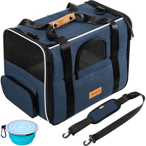 Sac de transport pour chat et chien jusqu'à 20kg – Pliable avec bandoulière – Inserts en maille pour circulation d'air – Gamelle incluse – Bleu – Cadoca