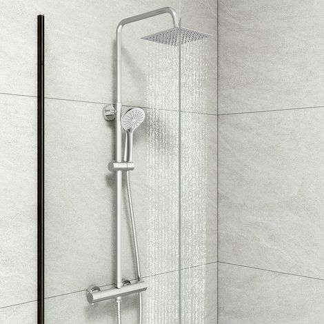 Colonna Doccia A Ponte Con Soffione Quadrato 20x20cm, miscelatore termostatico doccia con doccetta rotonda 23x10.8cm, supporti a muro regolabili (1/5)