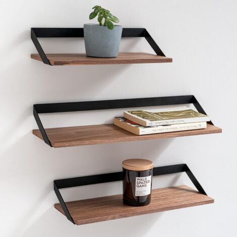 Ensemble d'Étagères Flottantes en 3 Parties en Métal et Placage de Bois Véritable Décoration Murale, Rangement et Étagère pour Salon, Cuisine, Chambre Noyer (1/5)