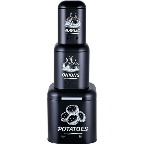 Relaxdays boîtes conservation pommes de terre, oignons, ail — lot 3, métal, couvercle ventilé, noir