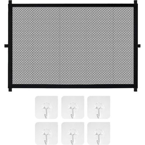 Barrier of protection, extendable, without drilling, 110 x 72 cm, for babies and animals household, with 6 hooks adhesives, mesh flexible, for doors, stairs, passages, easy to install and little (1/5)