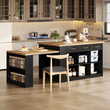 Îlot de cuisine multifonction avec table escamotable, MDF, 150 x 90 x 90 cm, noir et bois (1/5)