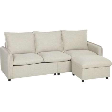 Dreisitzer-Sofa mit Stauraumhocker, modulares Ecksofa 212 cm, Federkernkissen, Leinenbezug, Creme