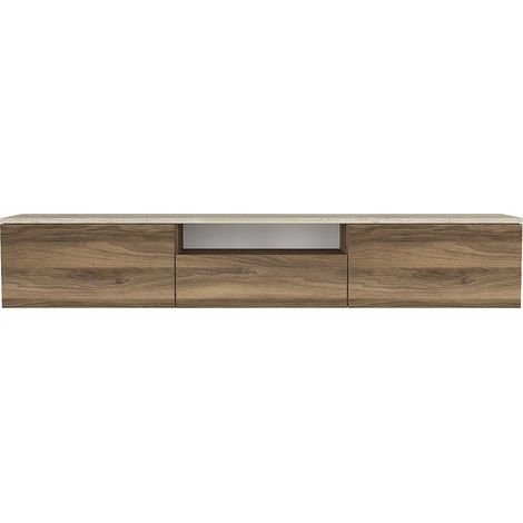 Meuble TV suspendu avec 3 portes et 1 niche - Naturel foncé et effet travertin beige - LOTULA (1/3)