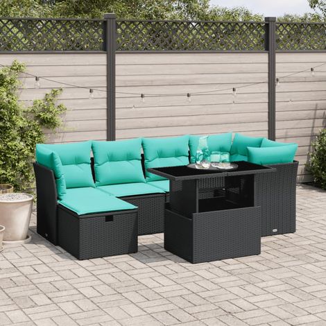 7-teiliges Gartensofa-Set mit Kissen, schwarzes Polyrattan (1/5)