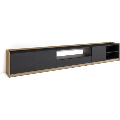 Skraut Home - Mueble TV, Televisión, Muebles de salón, almacenaje, 310x37x50cm, Para TV hasta 80", LED, Estilo Moderno, Negro y roble (1/5)