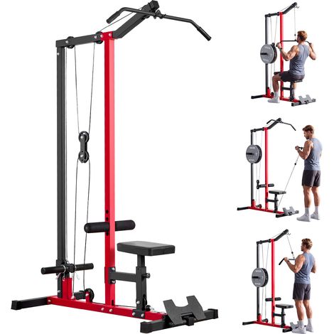 VEVOR Máquina de Polea Dorsal 2 en 1, Máquina Polea Alta y Baja con Barra, Asiento Ajustable en 3 Niveles, Rodillo de Espuma Ajustable en 4 Niveles, Carga de 227 kg para Dorsal, Pecho, Tríceps