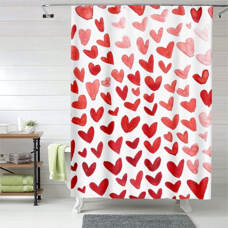 Rideau de douche cœurs rouges et roses, rideau imperméable, 180x180 cm (1/5)