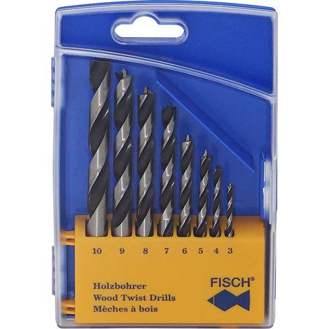 Fisch 01200008K - Set di 8 punte elicoidali standard per legno, in scatola di plastica, 0 V, multicolore, 3-10 mm