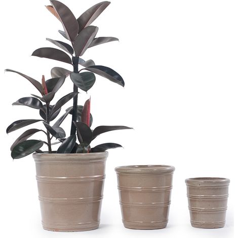 Pot de fleurs en céramique Ø 24 cm, finition taupe brillante, rainures horizontales, pour petites plantes sur rebord de fenêtre, intérieur et extérieur CHICFURN (1/5)