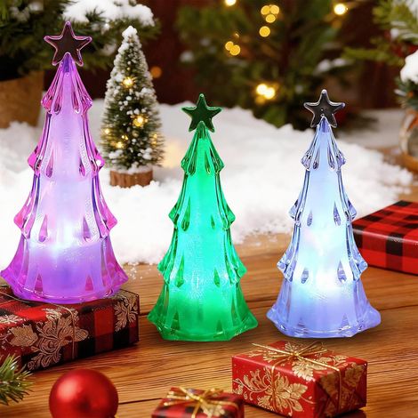 Lot de 3 mini sapin de Noël à LED - Petit sapin de Noël lumineux en blanc, rouge et vert - Acrylique avec lumière multicolore - Parfait pour l'atmosphère de fête (1/5)