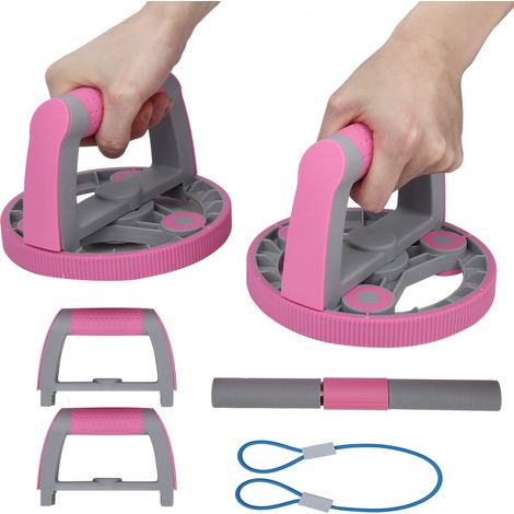 Roue d'abdominaux avec poignées et genouillères - Équipement fitness rose pour exercices à domicile (1/5)