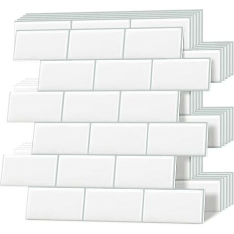 Carreaux adhésifs épais, carreaux muraux auto-adhésifs, crédence de cuisine style métro, blancs, 10 feuilles (1/5)