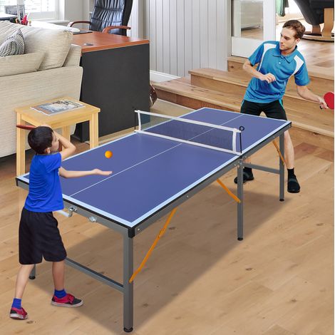 Table de ping-pong pliante bleue avec filet, 2 raquettes et 3 balles OKMYHOME (1/5)