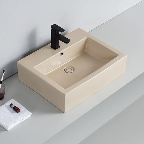 Rue Du Bain – Vasque suspendue rectangulaire en céramique beige mat 57x45cm – Équipée d'un trop plein – Installation murale facile (1/4)