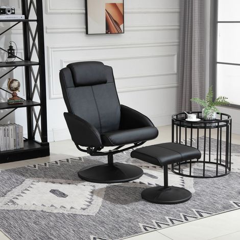 Sillón reclinable con reposapiés, tapizado en piel sintética, reclinable, diseño ergonómico, negro. (1/5)