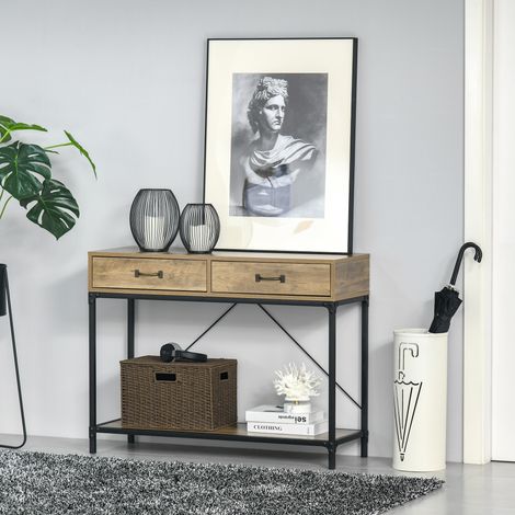 Console, table d'entrée avec étagère et 2 tiroirs, 100 x 35 x 76,5 cm, table d'appoint, table de canapé, table de présentation pour petits espaces, entrée, couloir, salon, marron et noir