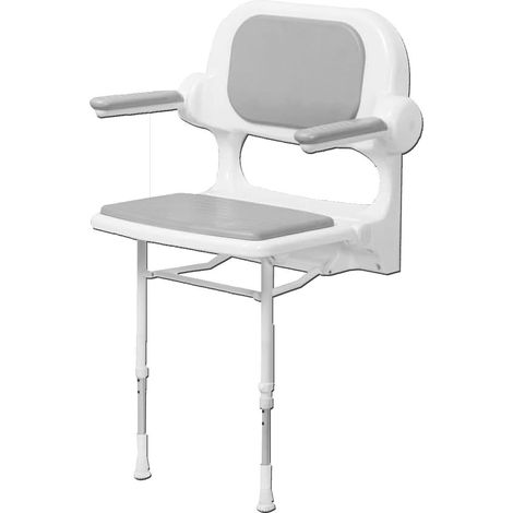 AKW – Siège de douche rabattable 2000 – Rembourré avec dossier et accoudoirs – Hauteur réglable 467-607mm – Charge max 158kg – Pour espaces réduits