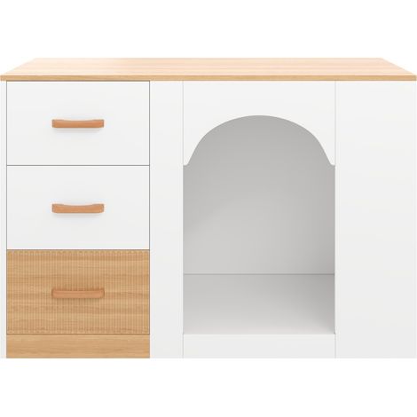 Isola da cucina con 3 cassetti e area per animali domestici, bianco effetto legno, 120 x 60 x 90 cm (1/5)